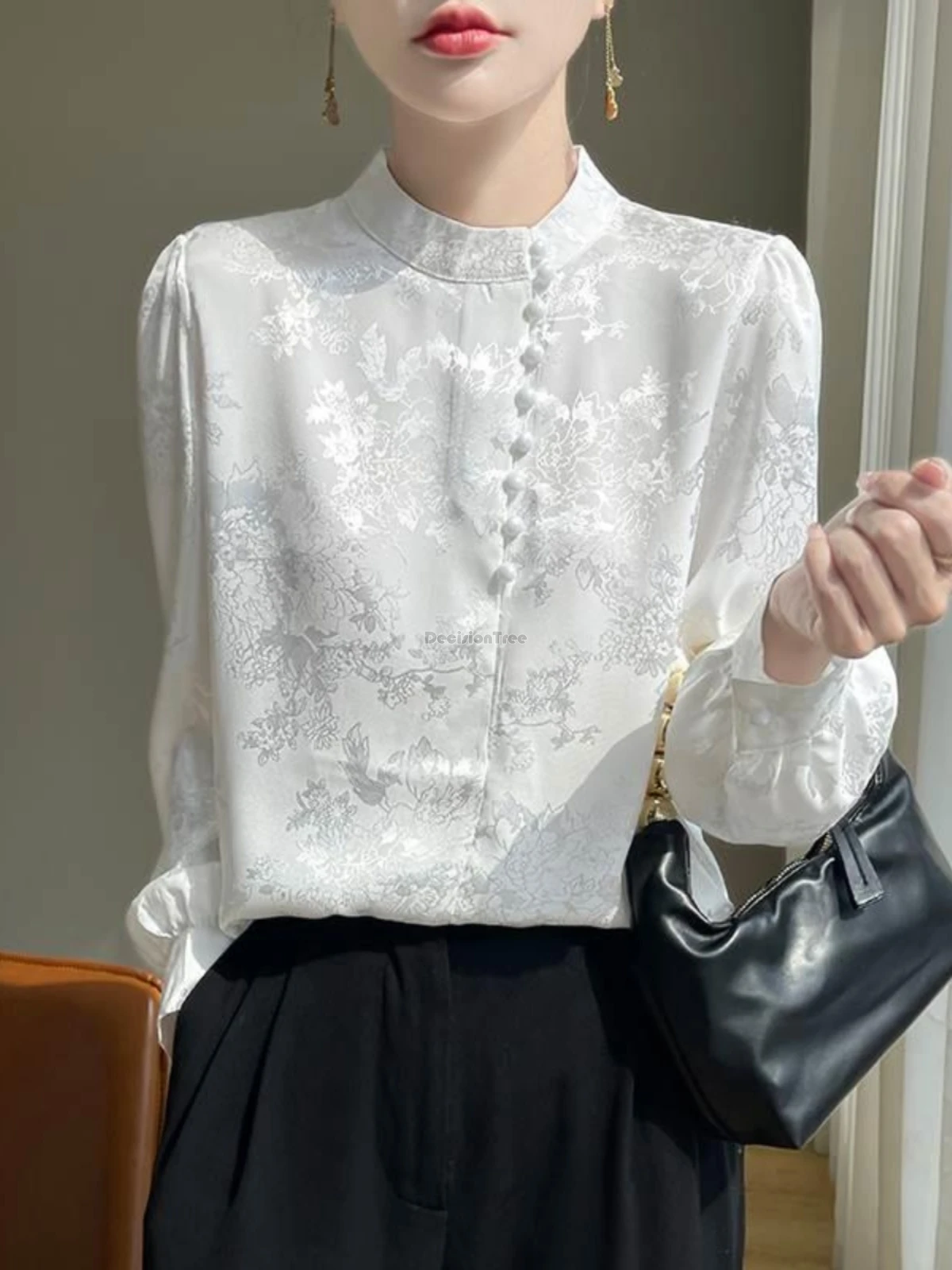 

2025 улучшенная китайская рубашка в стиле ретро, женская весенняя рубашка с длинным рукавом и воротником-стойкой, элегантная свободная блузка с принтом в стиле Тан t1