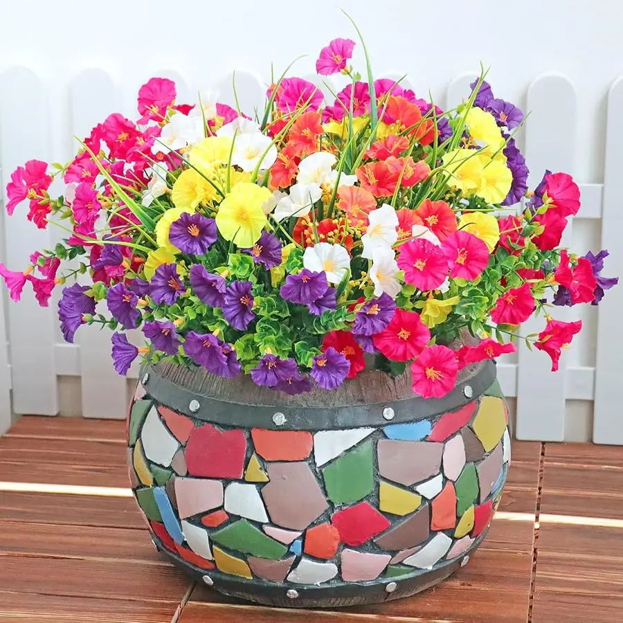 

12PCS Artificial Fake Outdoor Flowers Plants, Faux Silk Realistic Morning Glory Floral Arrangement Planter UV Resistant for Porc