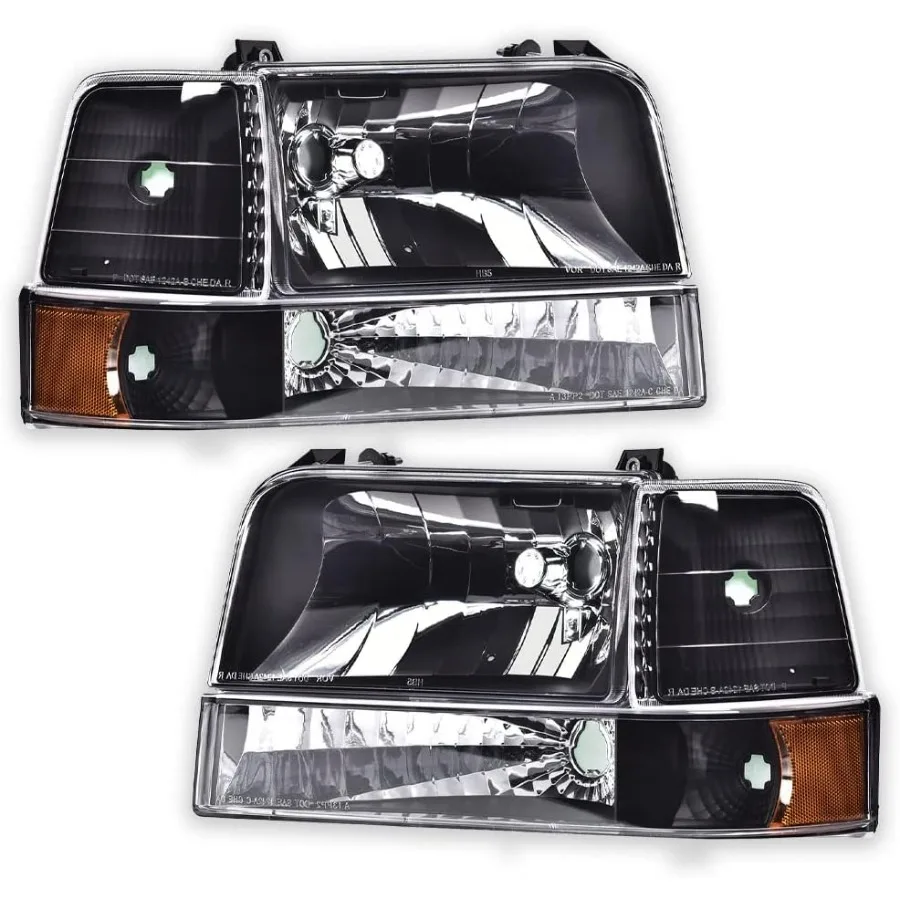 

Headlights Assembly with Corner Signal Bumper Lamps for 9296 F150 250 350 Bronco Clear Lens Black Housing with Amber Reflector
