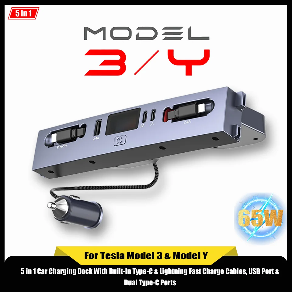 

New Docking Station for Tesla Model 3 & Y 65W Car Lighter Socket Central Control Charging Shunt with Dual Fast Charging Cables
