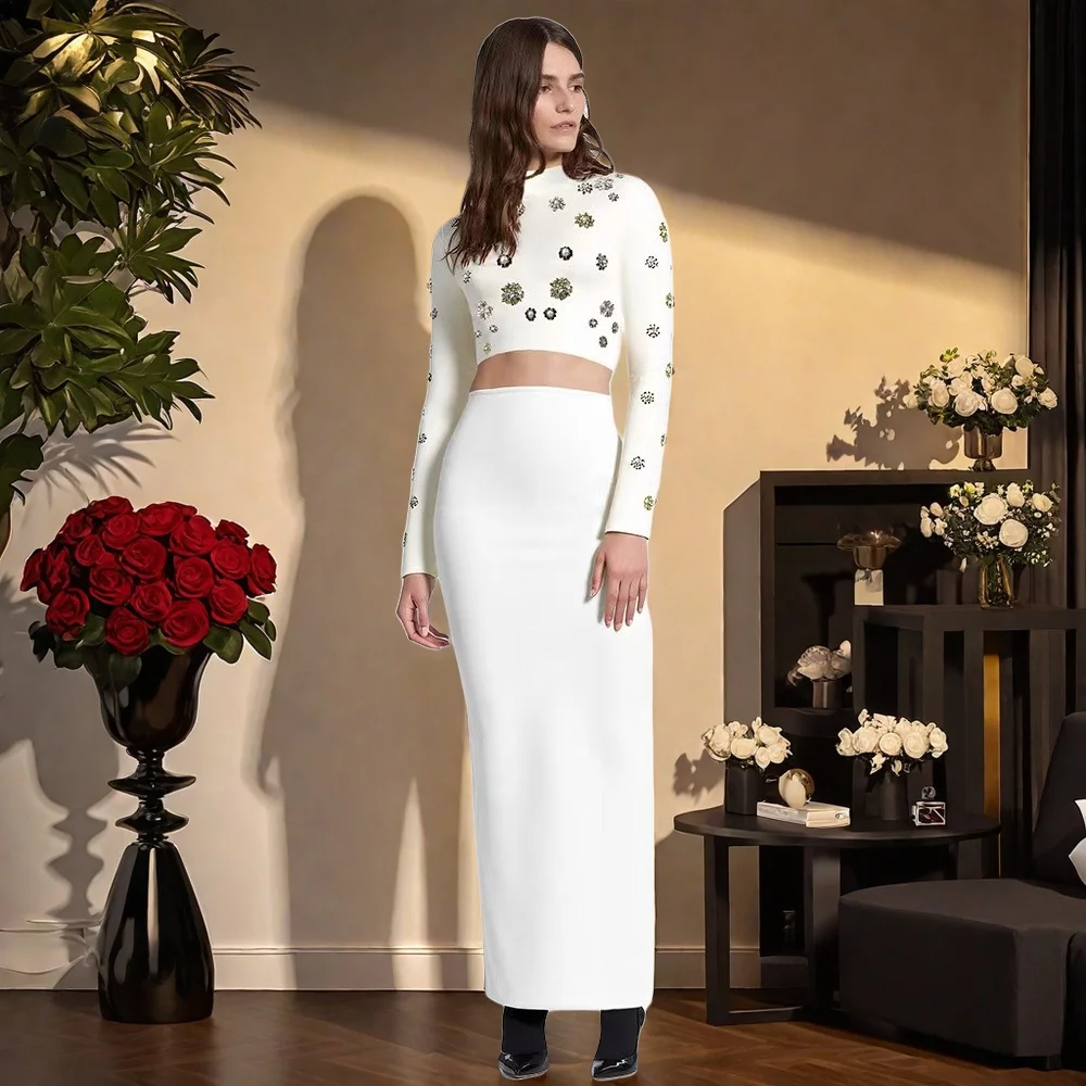 

Bandage Two Piece Set Embellished Sequin Rhinestone Pearl High Neck Long Sleeve Bodycon Skirt Party Formal Dressy Elegant​