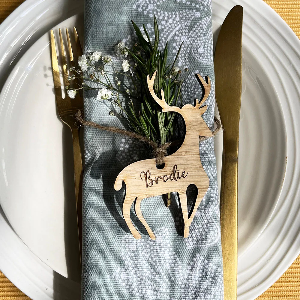 

10pcs Personalised Christmas Reindeer Holiday Classic Place Setting Napkin Tie Party Table Dinner Decorations Tag 2024