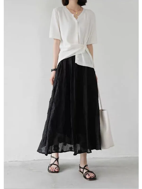 Retro Sensation Black 3D Flower Half Skirt Women's Summer Thin Elastic Waist Texture Pleated Draped Long Skirt