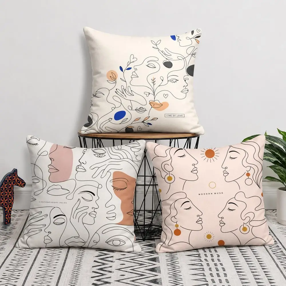 Abstract Face Line Sketch Cushion Cover Short Plush Soft Double-Sided Printing Pillow Case Cozy Sofa Bedroom Home Decor Gift