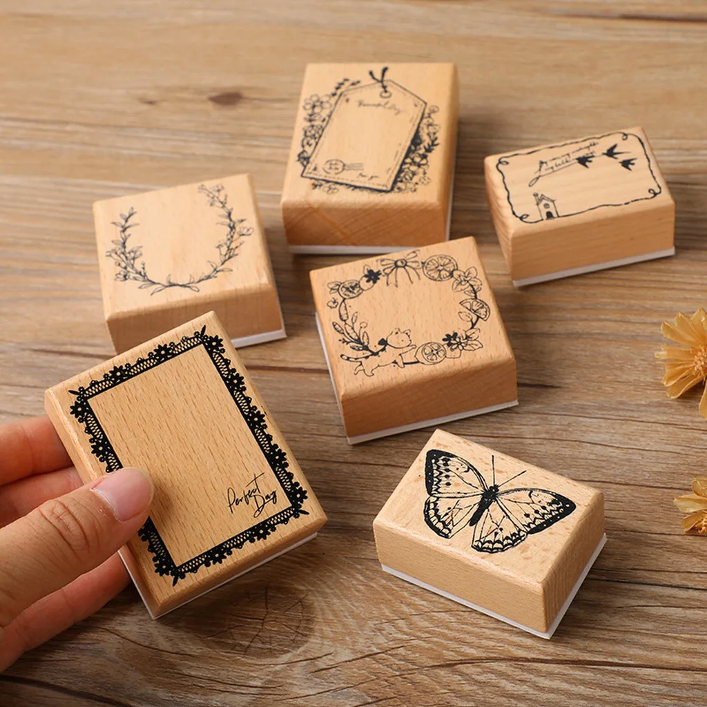 Vintage Style Wooden Rubber Stamps Flower Butterfly Patterns DIY Decorative Stamps for Journal Scrapbooking Handcraft Schedule