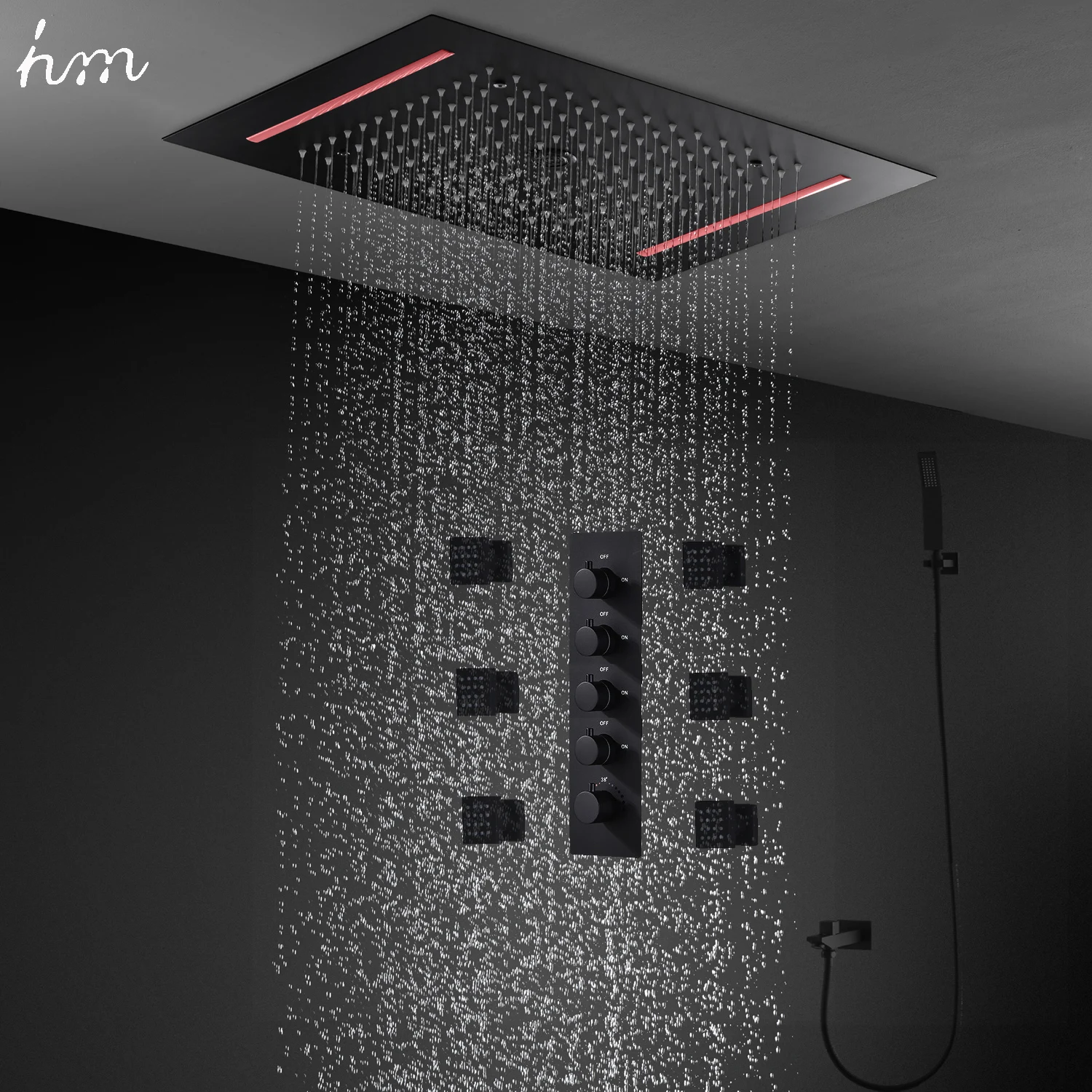 hm Bathroom Ceiling LED Shower System Set 500x360MM Black Column Rainfall Shower Head Thermostatic Mixer Faucets With Side Jets