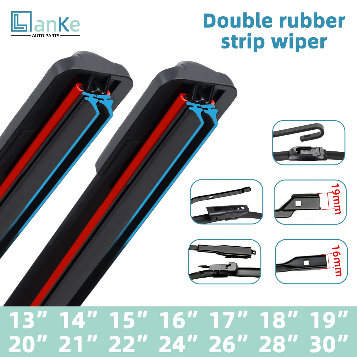 

Upgraded Double Layer Rubber Strip Wiper Blades Available All Season Universal J/U Wiper Size For Car Front Windshield Optional