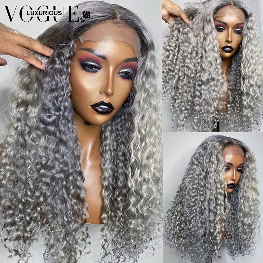 Ketebalan 250 Wig Frontal keriting dalam panjang abu-abu berwarna renda depan Wig rambut manusia Brazilian Virgin 13x4 Wig rambut manusia renda depan