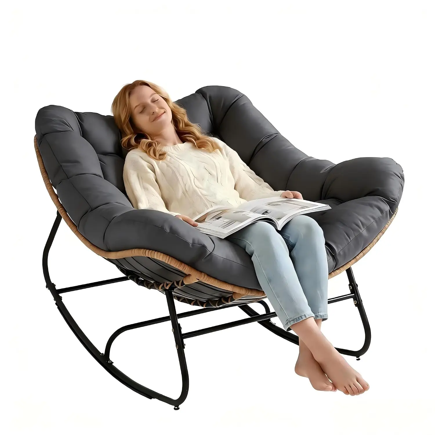 Oversized Papasan Egg Rocking Chair, All-Weather Wicker Rocker with Cushion, Indoor Outdoor 450 lbs Lounge Chair for Living Room