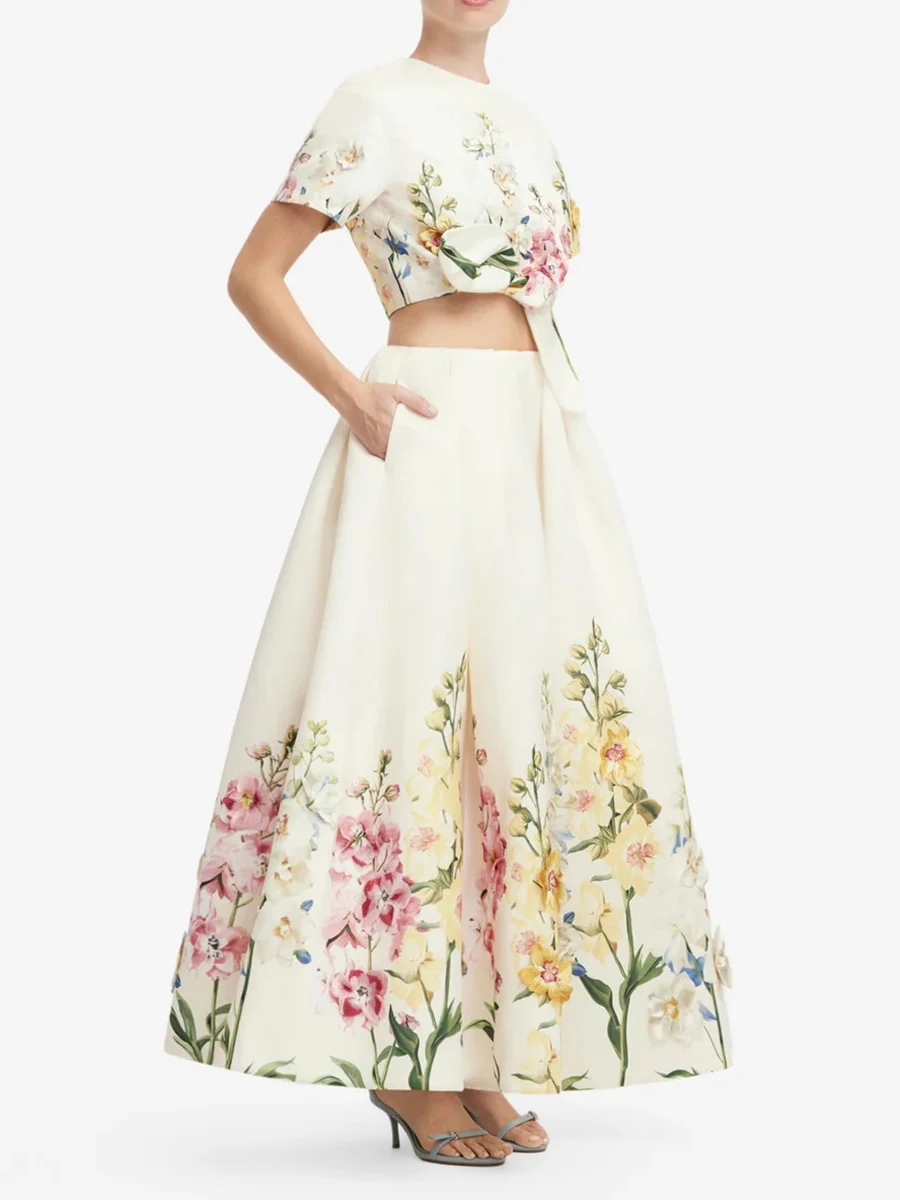 TWOTWINSTYLE Printing Spliced Knot Slimming Two Piece Sets for Women Round Neck Short Sleeve Top Skirt Colorblock Sets Female