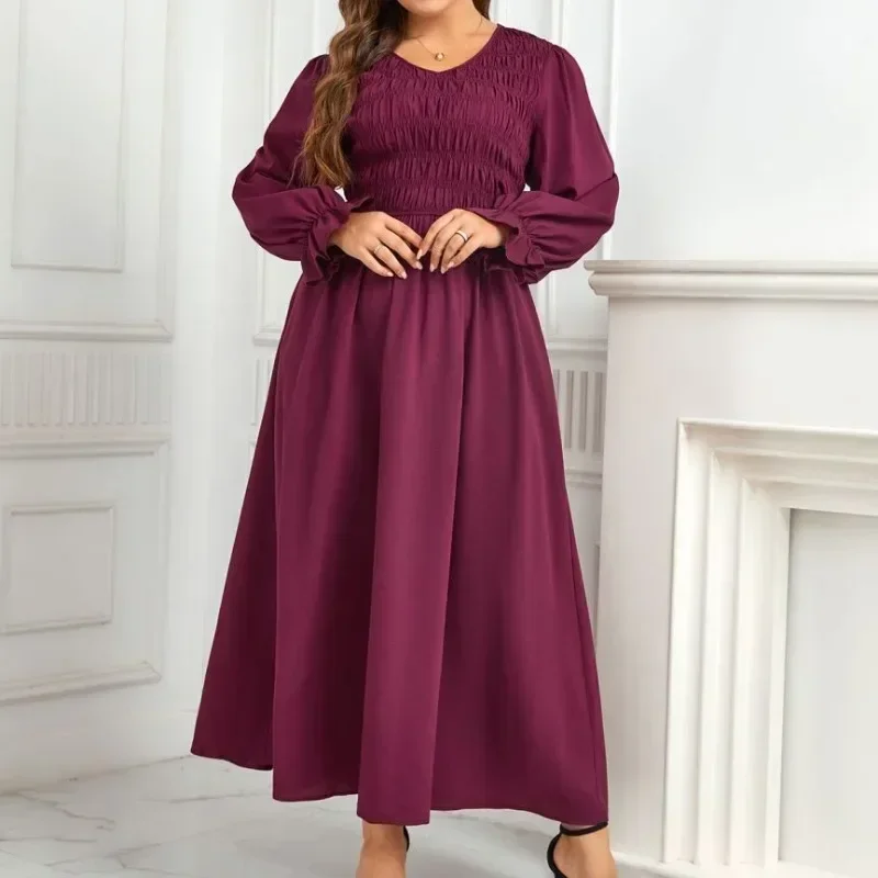 Plus Size Ruched Women Dresses V Neck Elastic Long Puff Sleeves Autumn Fall Sprimg Robe Solid Color Flowy Odzież Damska