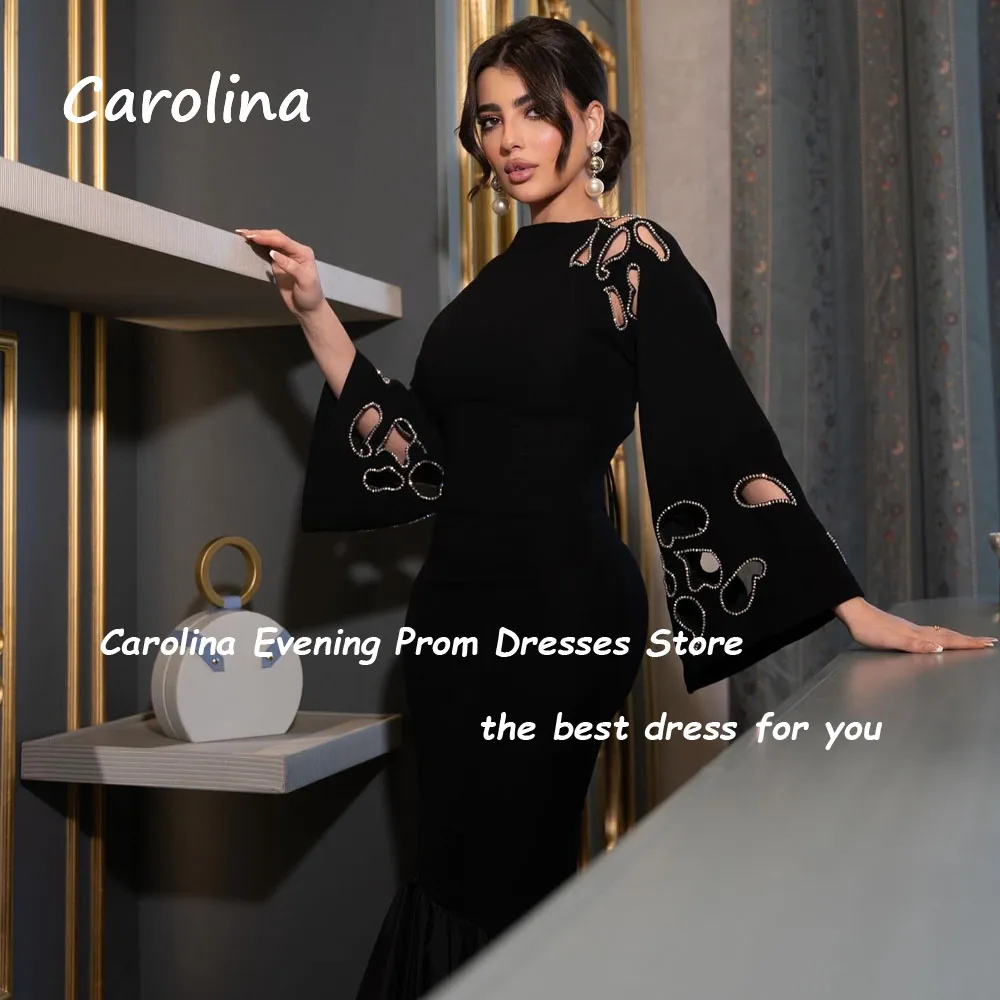 Carolina Black O-Neck Crepe Mermaid Evening Dress Saudi Arabia 2024 Slim Cut-out Long Sleeve Ankle-Length Prom Dress