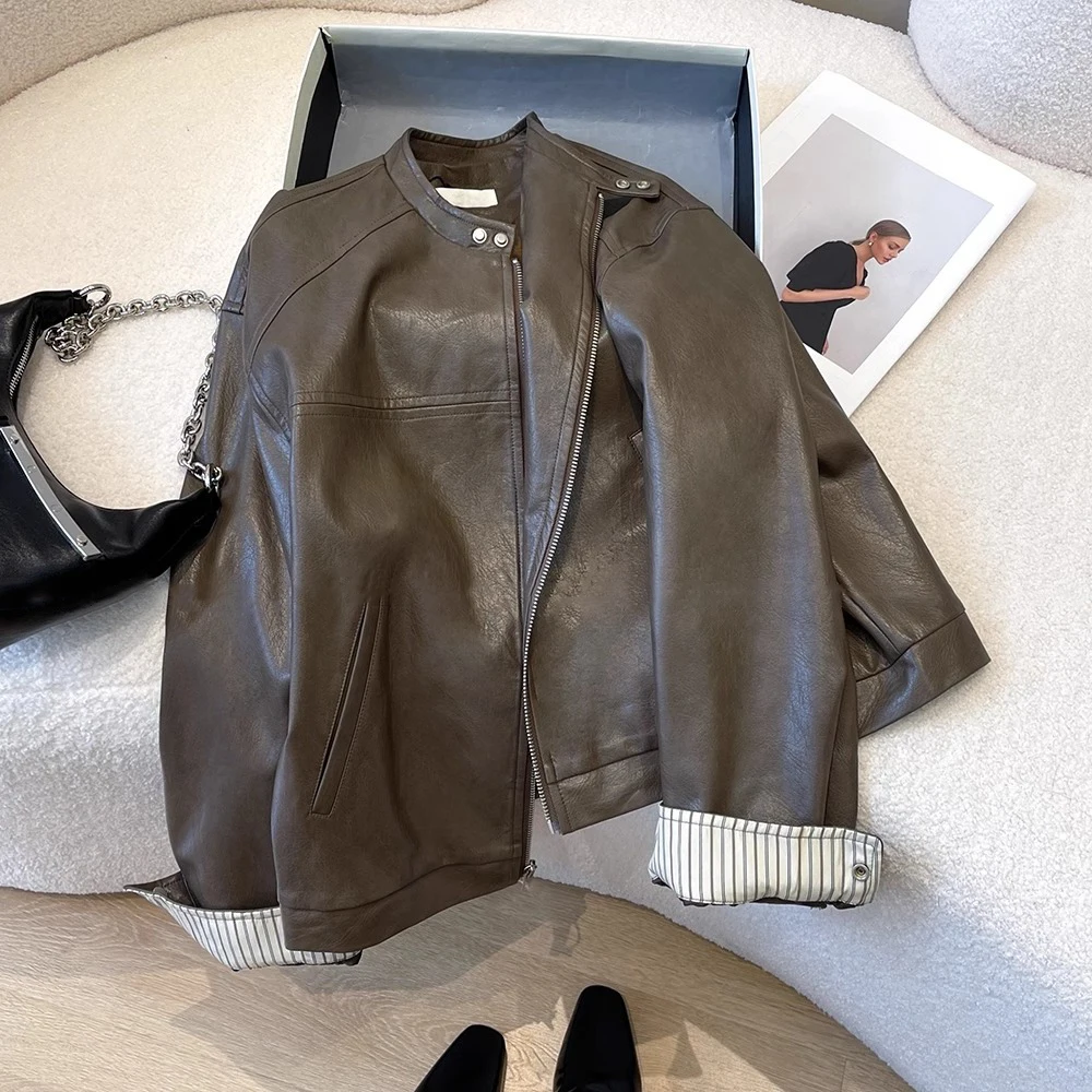 

Корейский Sle из искусственной кожи с воротником-джатом в стиле пэчворк для мужчин и женщин, весна-осень, модный универсальный топ, модная длинная застежка-молния...