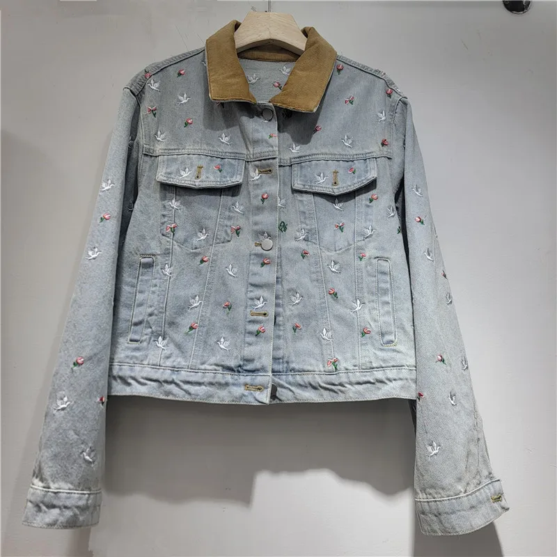 

Vintage Embroidery Contrast Color Lapel Patchwork Light Blue Short Denim Jacket Women Streetwear Casual Long Sleeve Jeans Jacket