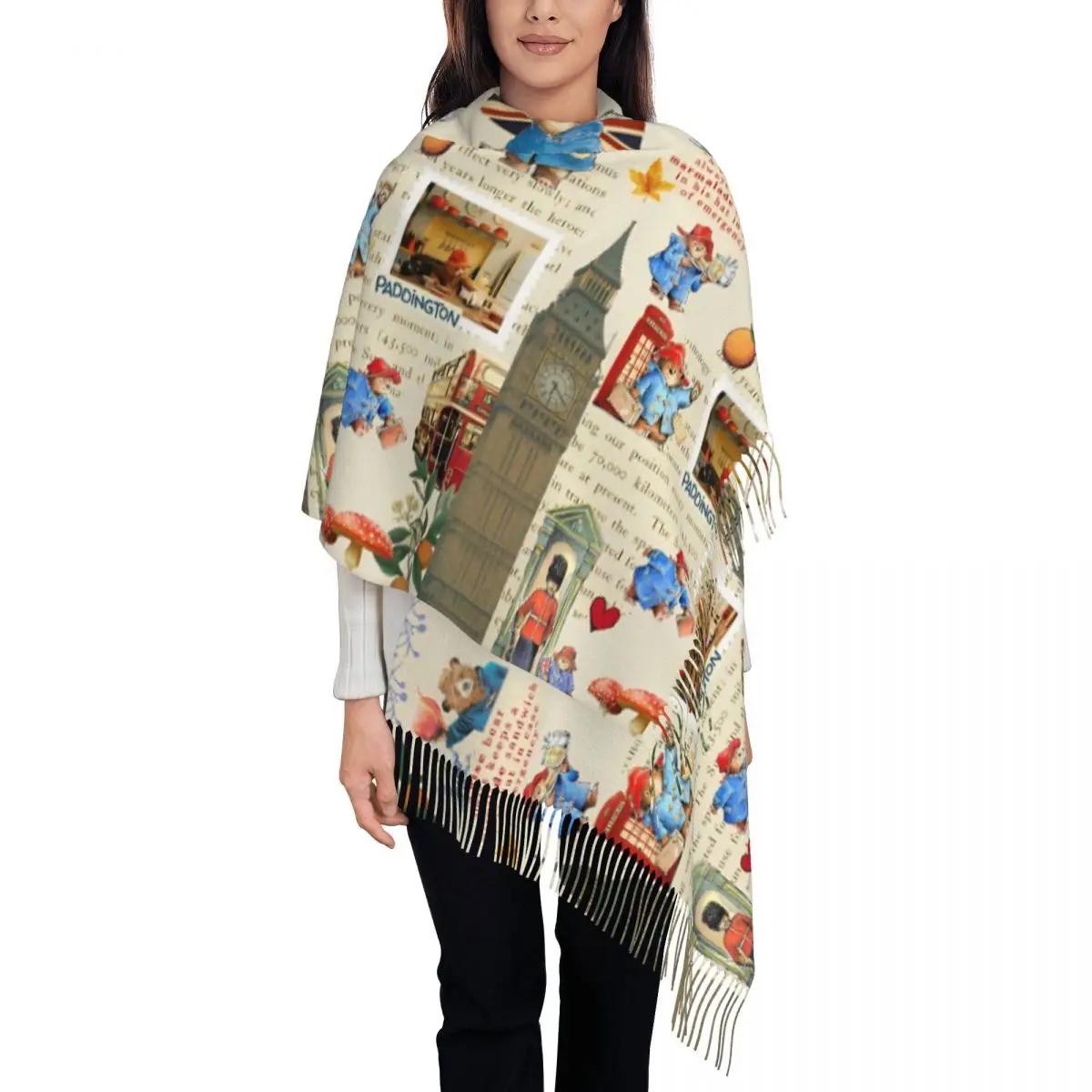 

Womens Scarf with Tassel Cartoon Britain Paddington Brown Bear Large Soft Warm Shawl Wrap Movie Gifts Cashmere Scarf
