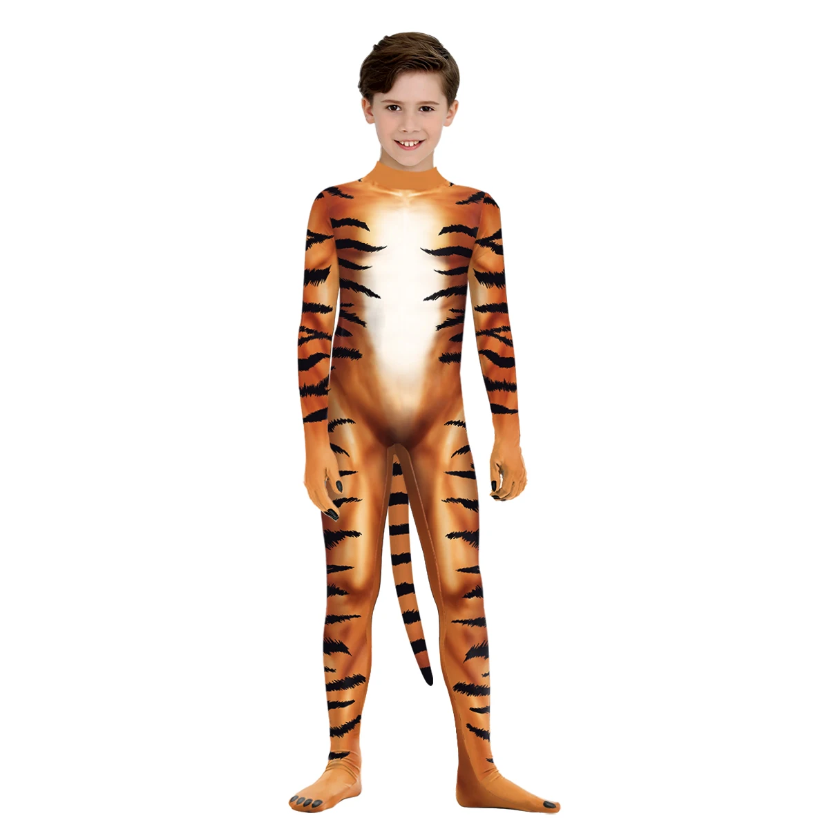 Zawaland Cosplay Animal Costume bambini con coda 3D stampato Leopard Tiger Holiday Party Catsuit tute Halloween Zentai