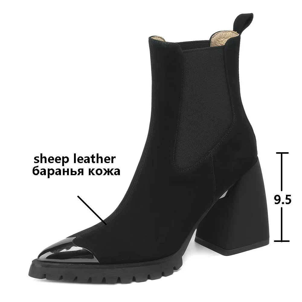 New Fashion Women Ankle Boots Winter Genuine Leather High Heels Spring Autumn Luxury Suede Pointed Shoes Block Heels Black