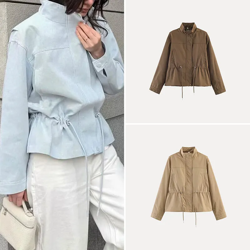 Fashionable Long Sleeve Waist Cord Stand Collar Jacket Women's Spring Summer New Arrival Four Colors Casual Style Short Coat