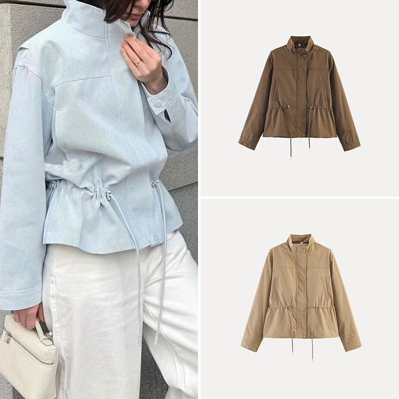 Women's Casual Style Long Sleeve Jacket 2026 Summer Collection Four Colors Waist Cord Drawstring Stand Collar Versatile Outer...
