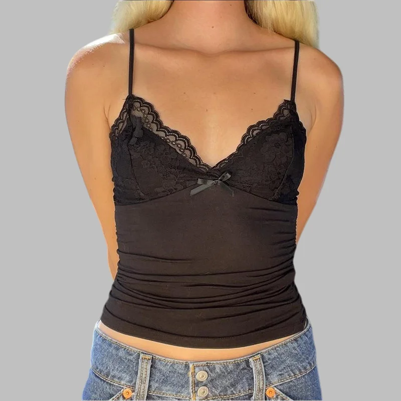 Frühlingshaftes, sexy tief ausgeschnittenes Spitzen-V-Ausschnitt-Camisole-Top in Unifarbe mit Schleife für Damen