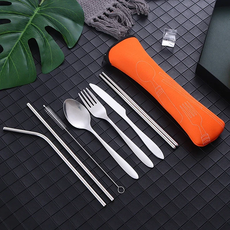 8Pcs Stainless Steel Tableware Straw Fork Spoon Family Travel Camping Cutlery