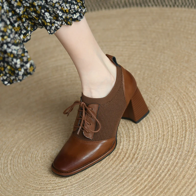 2024 New Flashion Women Oxford Shoes High Heels Bare Shoes Pointed Toe Lace Up Ankle Shoes Stretch Vintage Womens Shoes Plus Siz