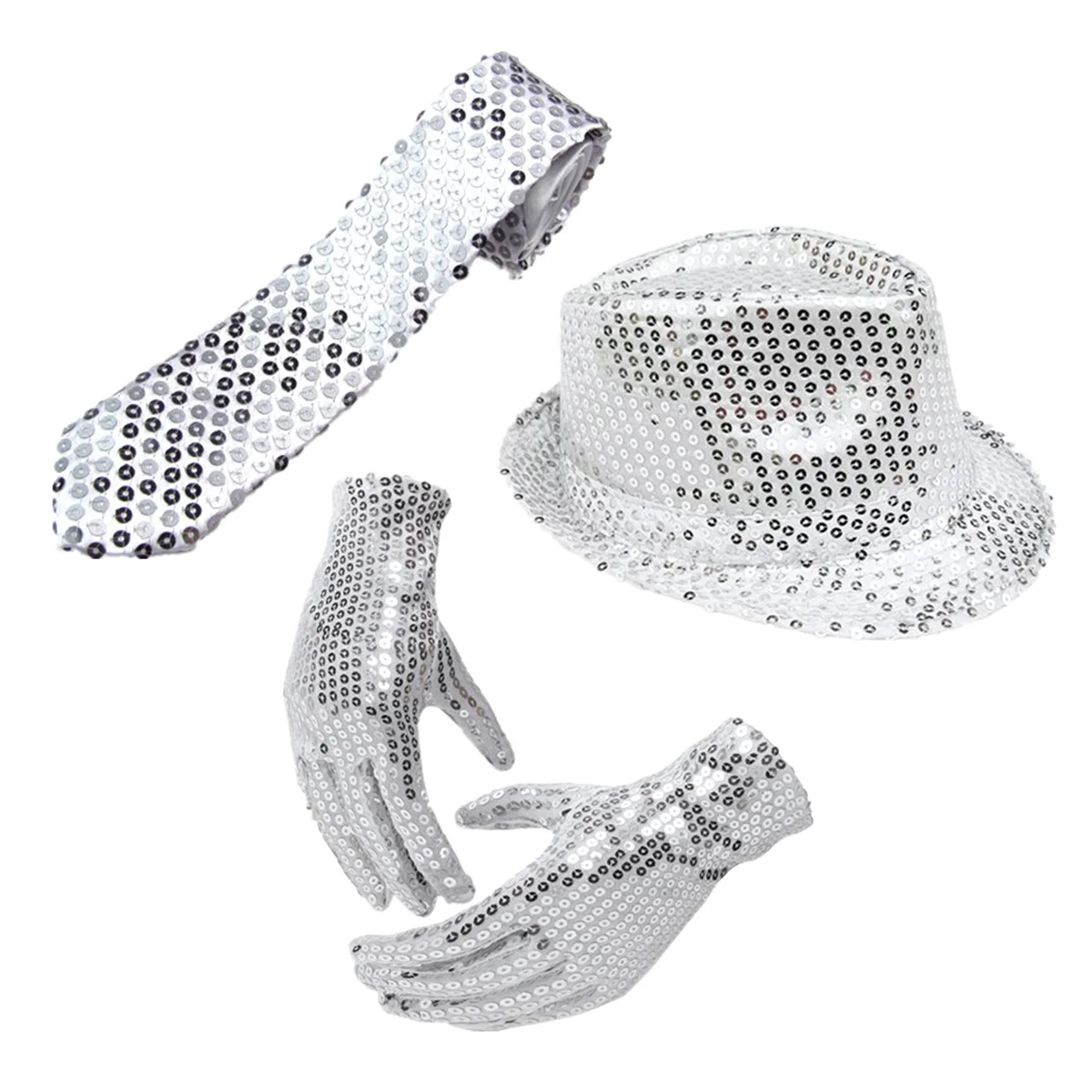 

3pcs Sequin Accessories Set Silver Hat Tie Glove For Kids Adults Lightweight Portable Dance Performance Festival Jazz Costume