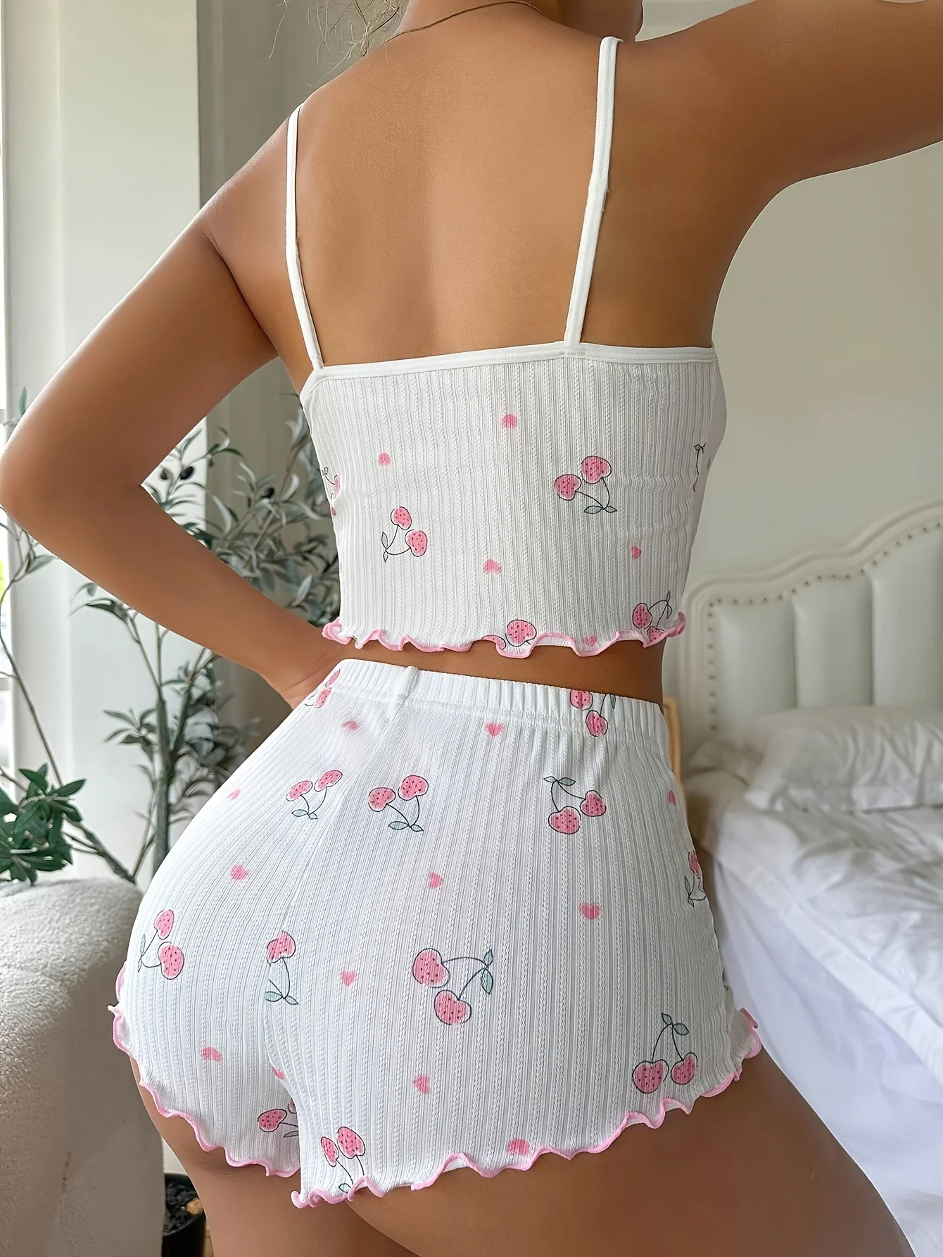Women's Heart Print Sexy Ribbed Bow Decor Pajama Set, Round Neck Backless Comfortable Crop Cami Top & Shorts, Summer Nightwear