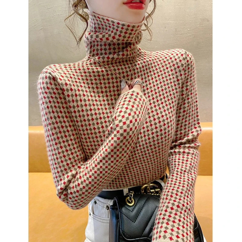 Women Clothing Autumn Winter Korean Fashion Elegant Turtleneck Warm Knitted Sweater Casual Long Sleeve Slim Pullover Tops Jumper