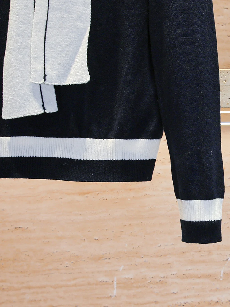 Miumem Navy Collar Knitted Sweater Women's Top with Belt Autumn Winter College Sle Long Sve Regular Fit Commute Sle