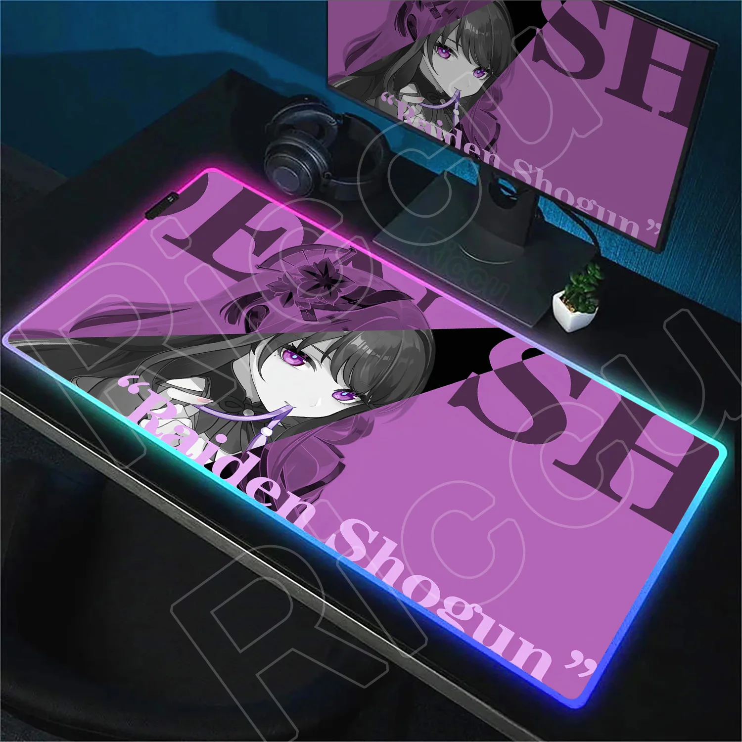 RGB Mousepad Genshin Impact Raiden Shogun Suture Edge Lumines Carpet Large Computer LED Backlight Deskmat High Quality Mouse Pad