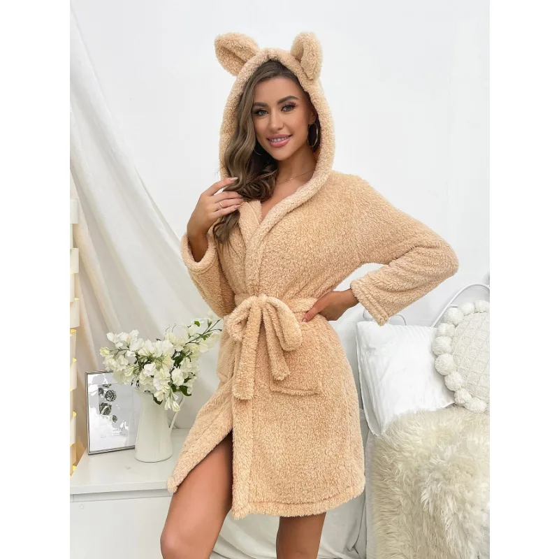 Khaki Flannel Women Robes Pajamas Nightgown Autumn Winter Long Sleeves Europe and America Style Casual Pyjamas Soft Pijamas Cozy