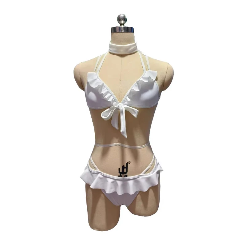 Blue Archive Urawa Hanako Cosplay Halter Ruffle Bikini Backless Swimwear with Tie Detail Summer Strappy Two Piece Bathing Suit