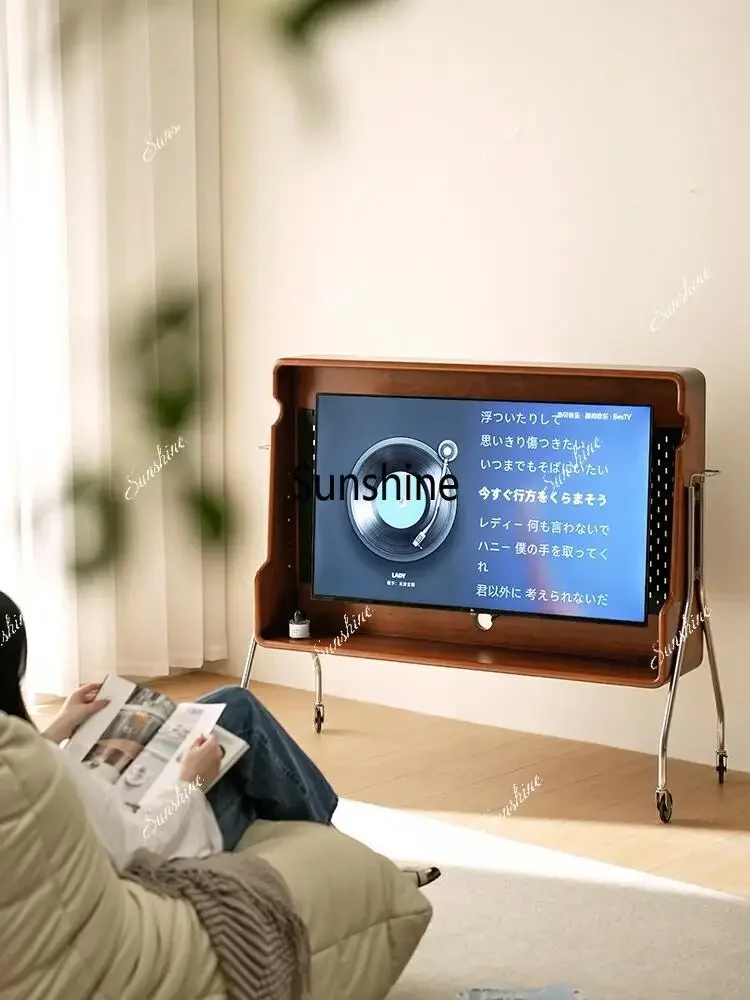Medieval style TV cabinet living room household small apartment floor removable bedroom small solid wood retro TV bracket