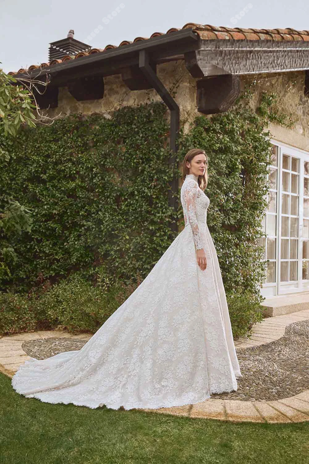 Modern A-Line Women Wedding Dresses High Collar long sleeves Lace Appliques Bridal Gowns Banquet Vestidos De Novias Customized