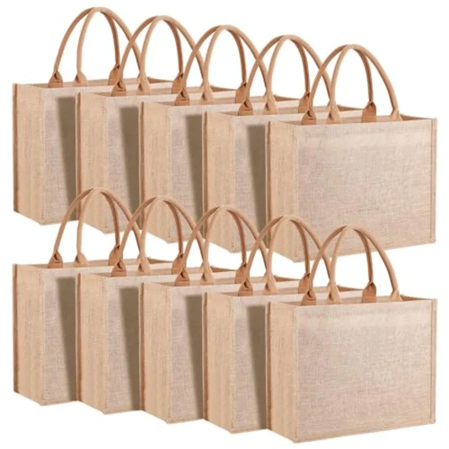 

10 Pack Reusable Tote Bags with Handles, .111.85.5 Inch Large Natural Blank Burlap Tote for Grocery Shopping, Weddgs, Travel, B