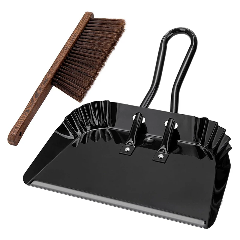 17Inch Metal Dustpan And Brush Set,Large Handheld Dust Pan And Wood Broom,Dust Pans Metal Edge Flat Against Floor