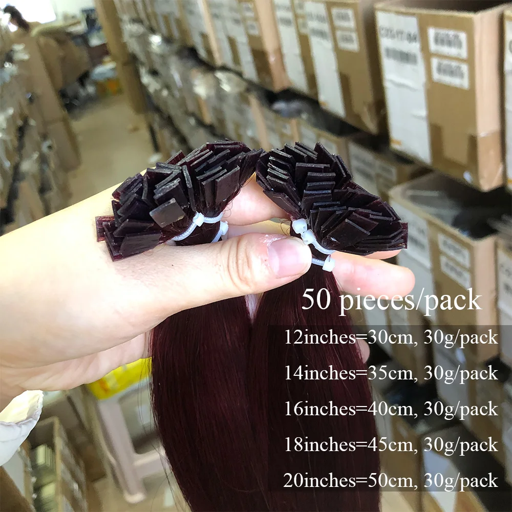 Flat Tip Hair Extensions Human Hair Fushion Remy Hair 50 pieces Burgundy Straight Keratin Tips Human Hair Extensions 30g/pack