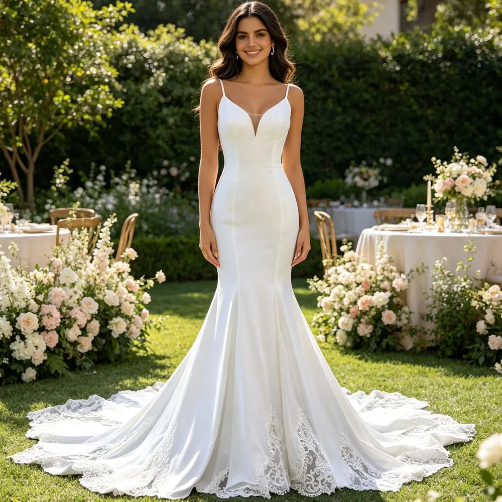 Gorgeous Spaghetti Straps Wedding Dress Embroidery Vestidos De Novia Customized Satin Bridal Dress