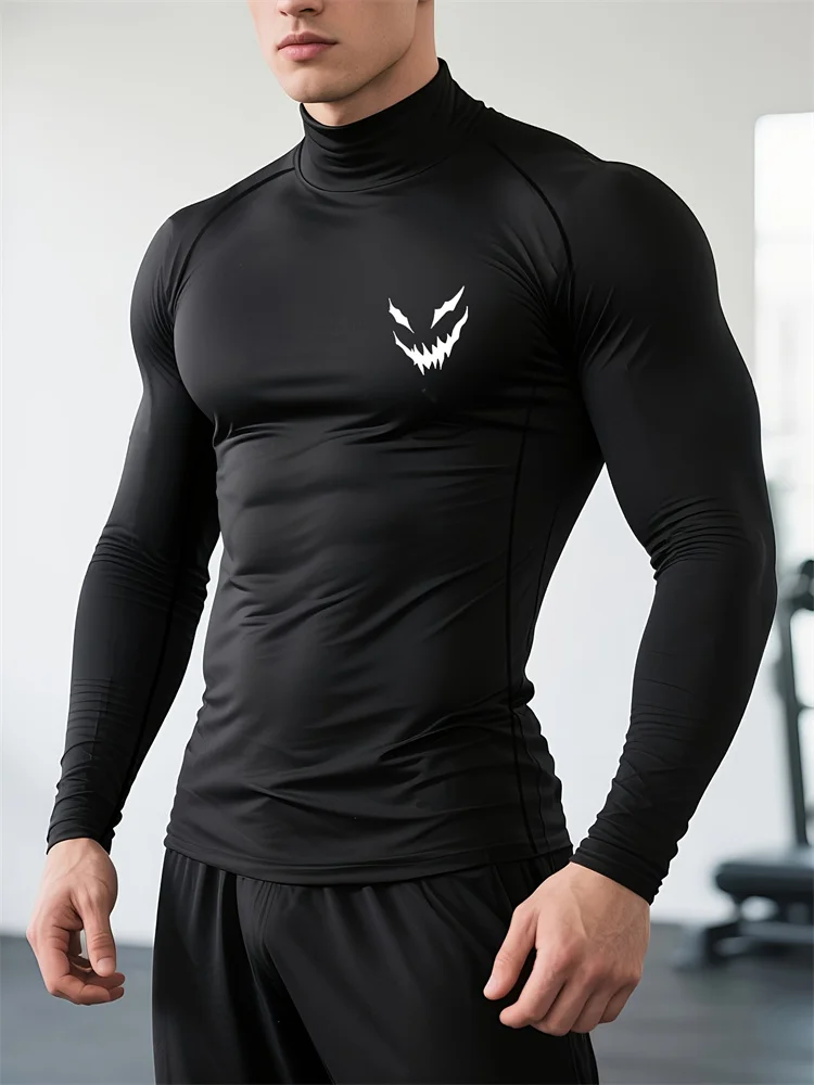 Men's Smiling Face Print Quick-drying Tight Long-sleeved T-shirt Fitness Training Stretch Top Spring and Autumn Turtleneck Tees