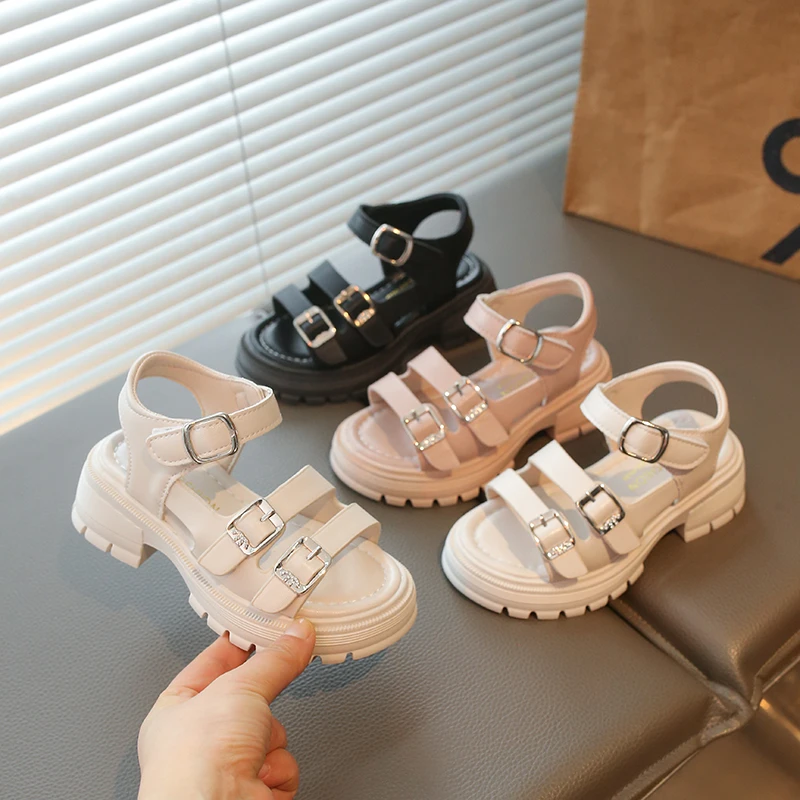 Little Girls Chunky Roman Sandals with Buckle Straps 2026 New Summer Kids Beach Sandals Soft Sole Classic Chic Boho Style Shoes