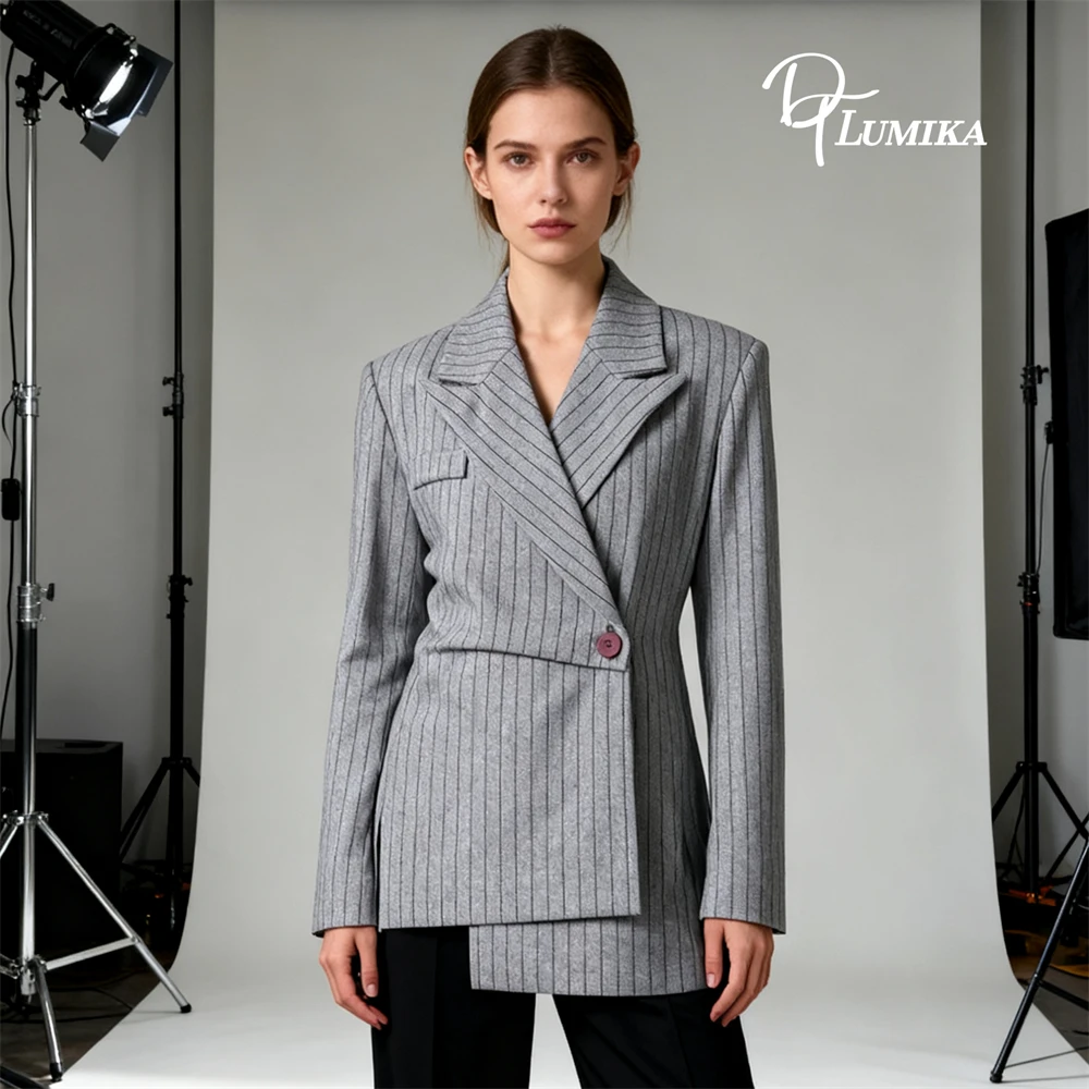 DTLumika Retro Womens Suit 2026 Autumn New Irregular Gray Striped Suit Jacket for Women, Trendy Fashion Slim Fitting Suit Blazer