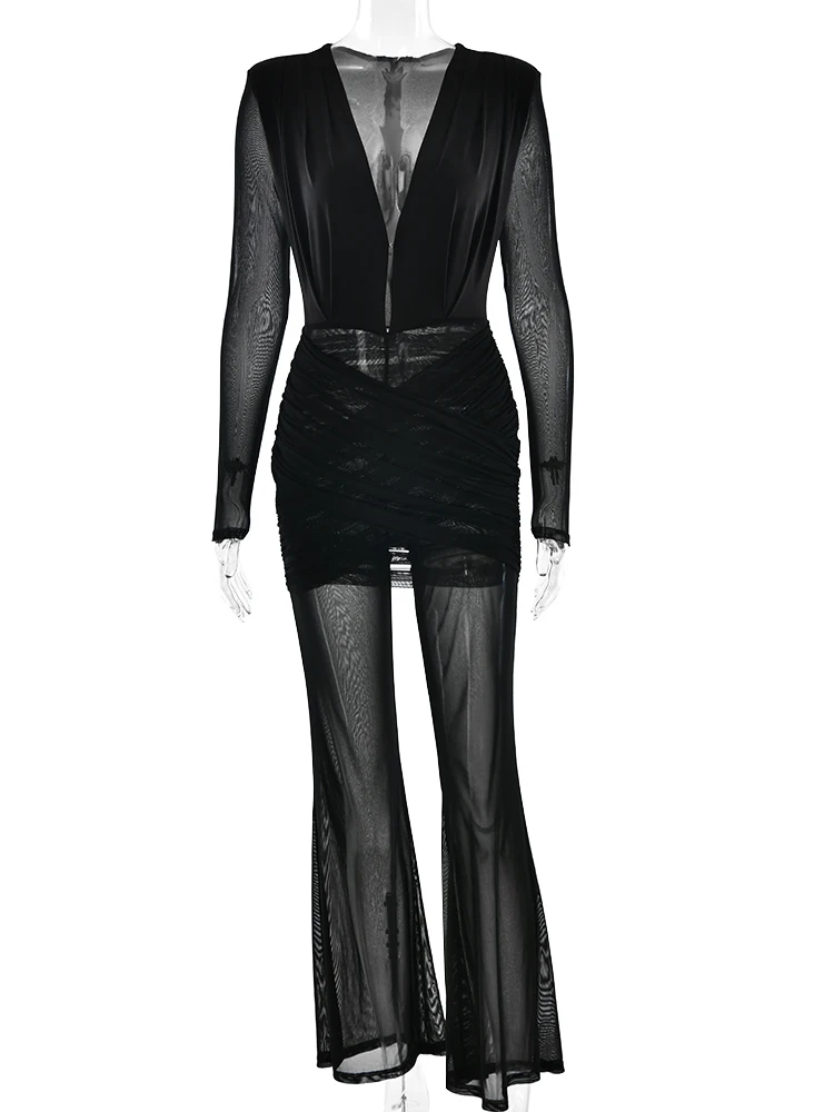 Otoño ajustado elegante fiesta Clubwear Sexy ver a través de cuello en V profundo mujeres mono negro de manga larga mono de cintura alta