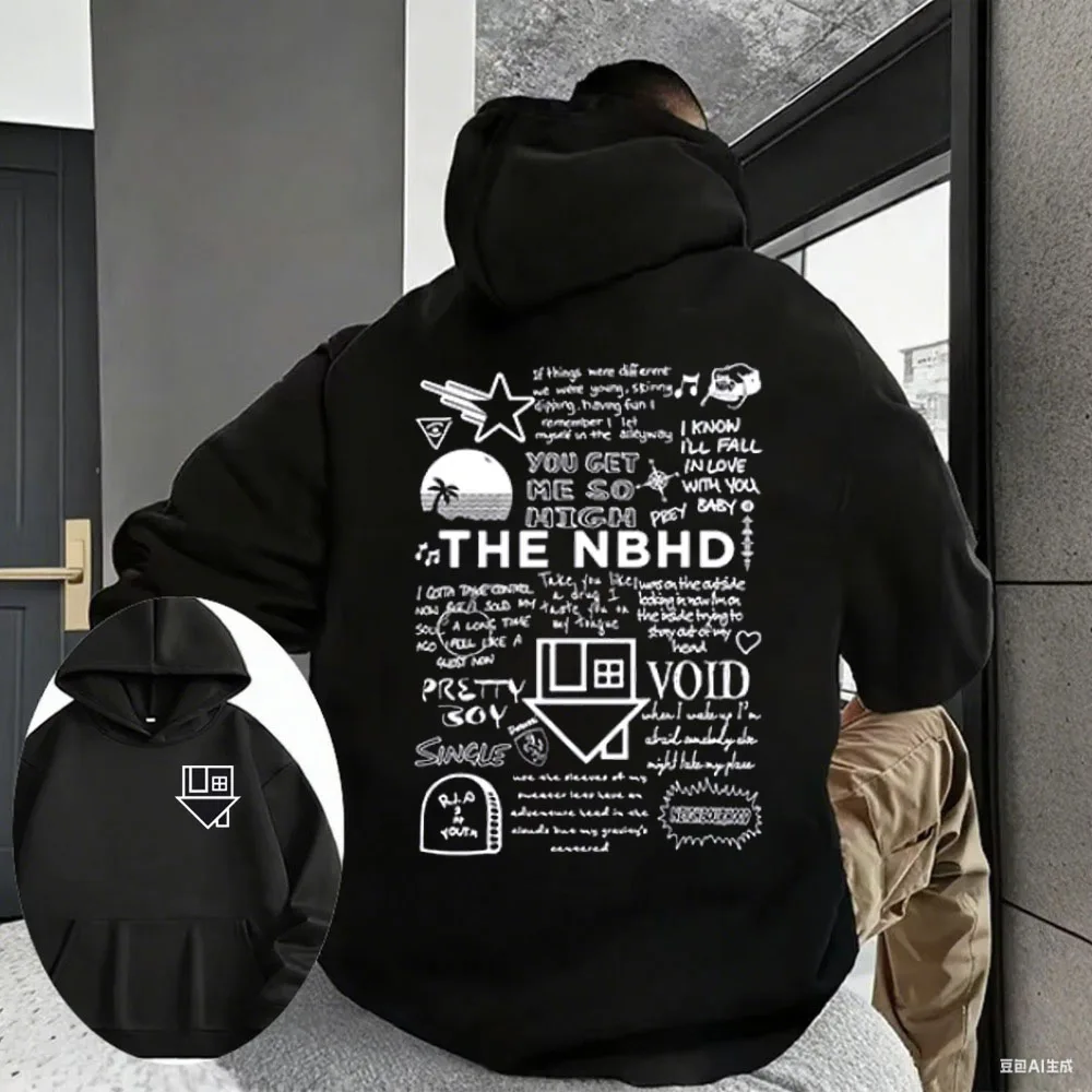 2025 Otoño/Invierno Sudadera con capucha de algodón cálida para hombres Vecino NBHD Impreso Casual Hip-hop Sudadera cálida con capucha para exteriores para hombres