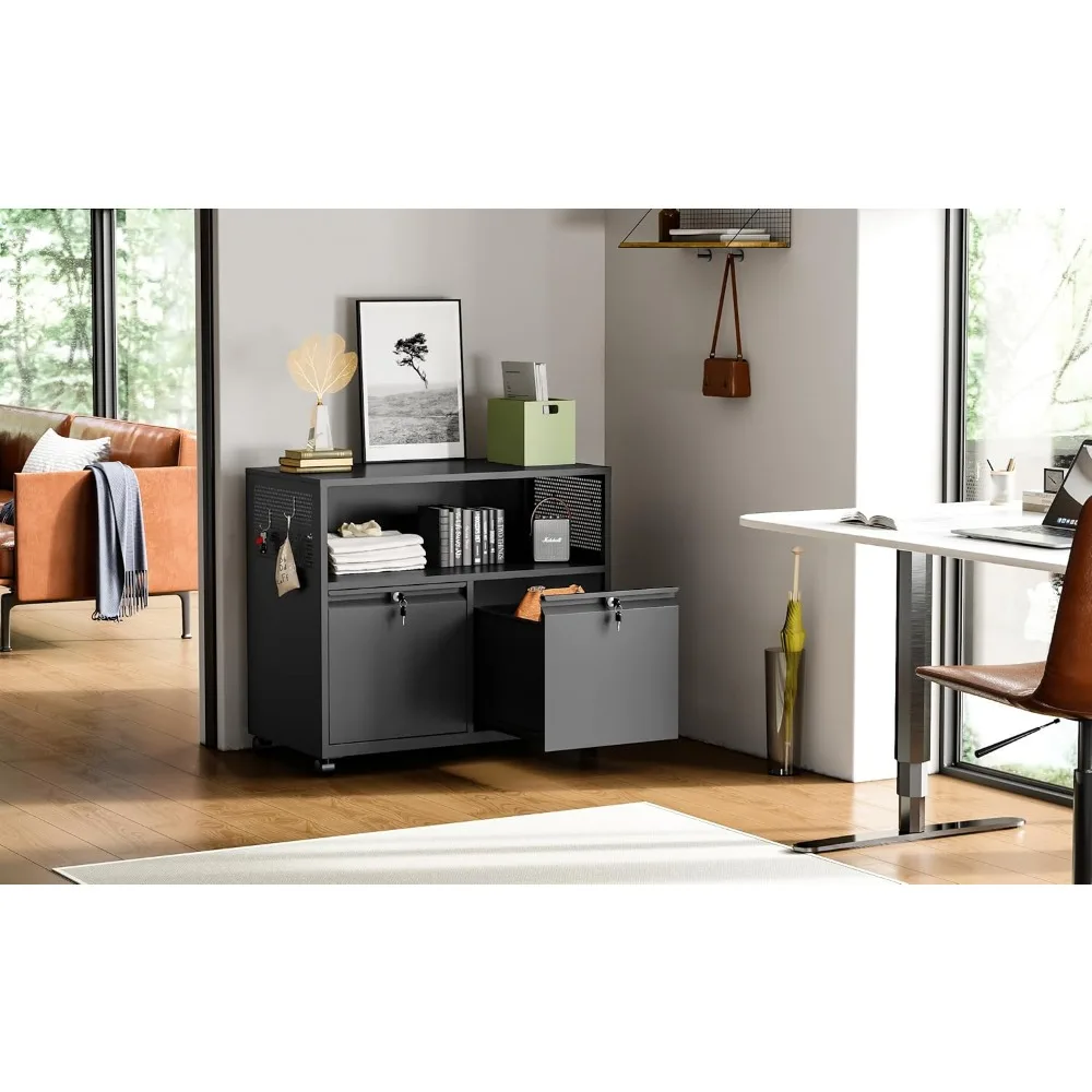 خزانة ملفات معدنية ذات درجين مع قفل، وخزانة تخزين بحامل الطابعة الدوارة مع أرفف للمكتب المنزلي، وحجم الحروف