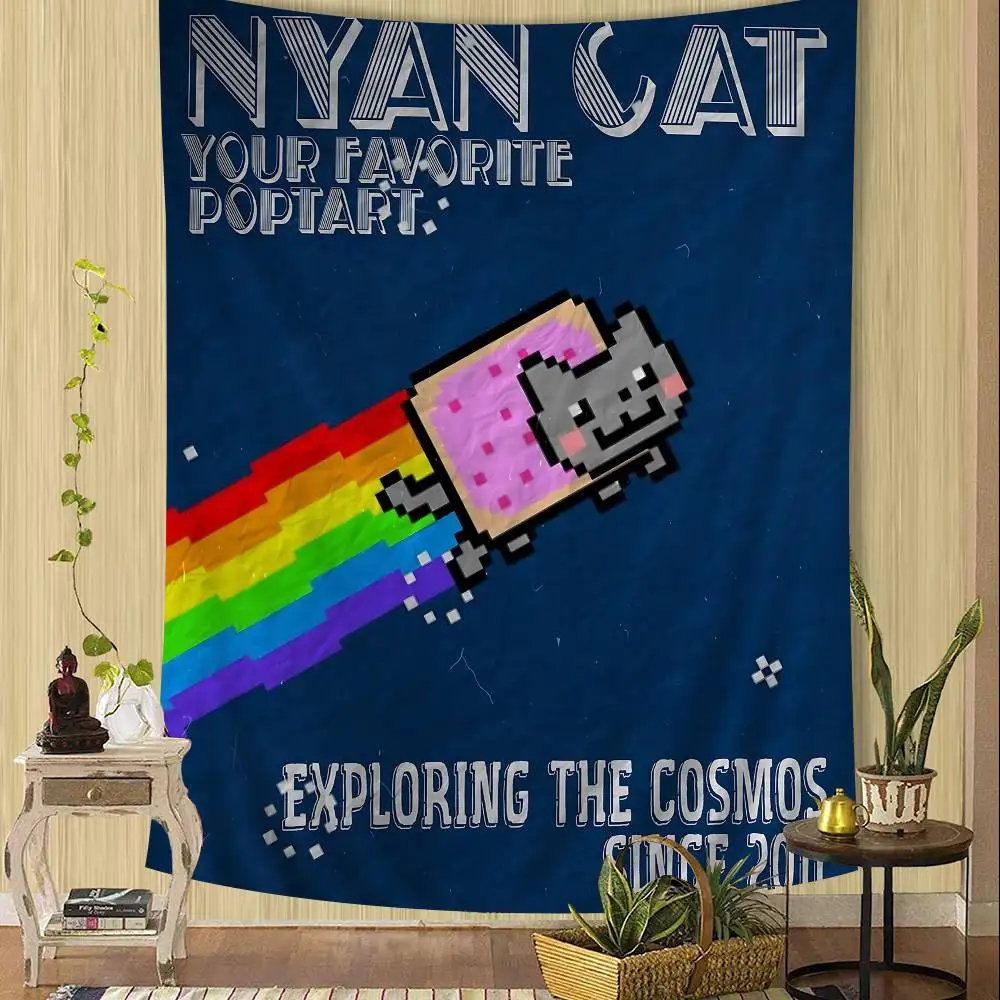 Cute N-Nyan Cat Printed Large Wall Tapestry Art Science Fiction Room Home Decor Decor Blanket