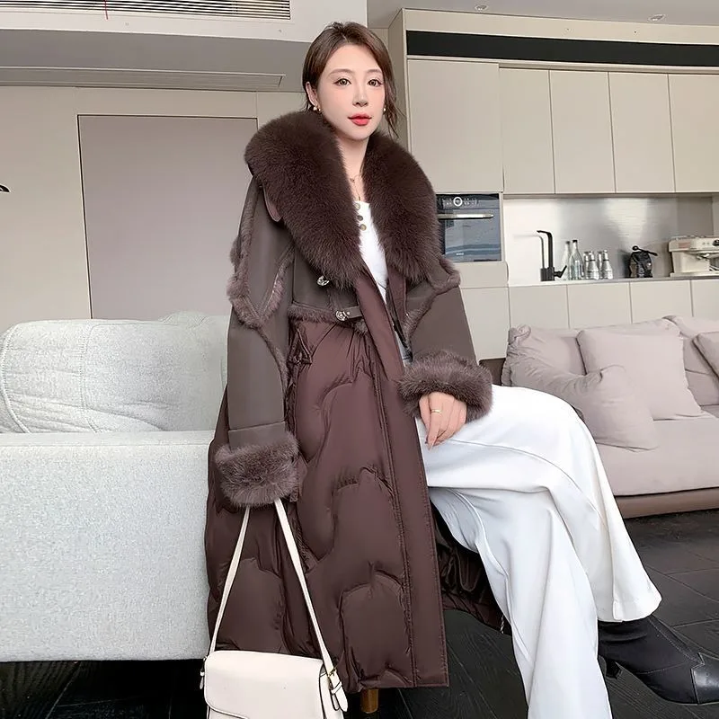 High-end jaqueta de pele de ganso de raposa inverno 2025 moda casaco solto novo pescoço de pele médio e longo
