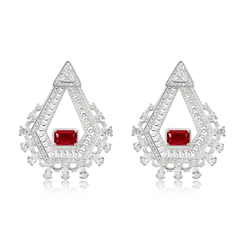 

S925 Sterling Silver Created Ruby Earrings Women Vintage Stackable Luxury Exaggerated Dangle Earrings Jewelry Gift