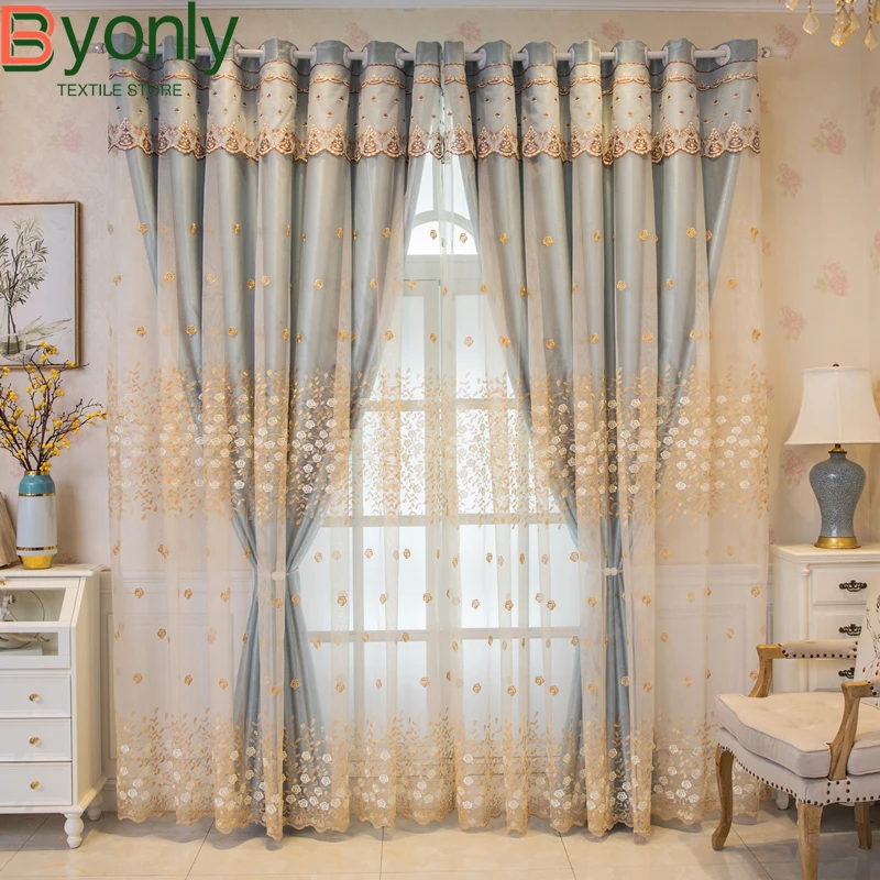 Customized Double-layer Embroidered Window Screen Thickened Screen Integrated Shading Curtains for Bedroom Living Room Finished