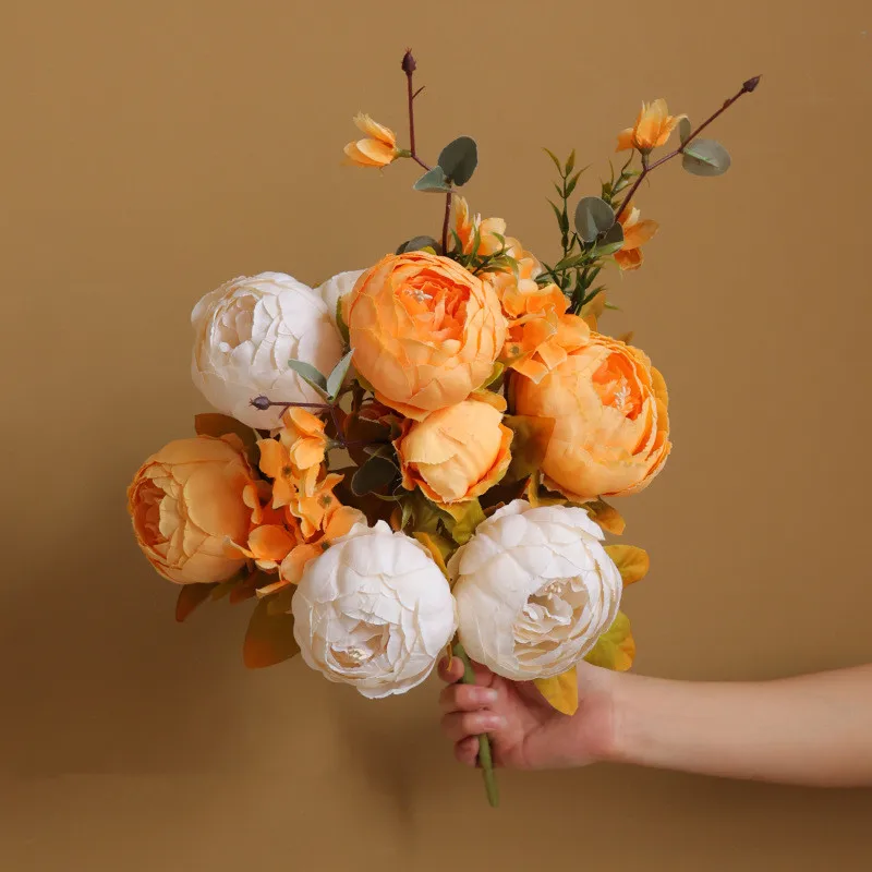 Free Shipping 2pcs/pack Orange White Artficial China Penoy Bouquet Home Decoration Simulation Bride Holding Flower Friend Gift